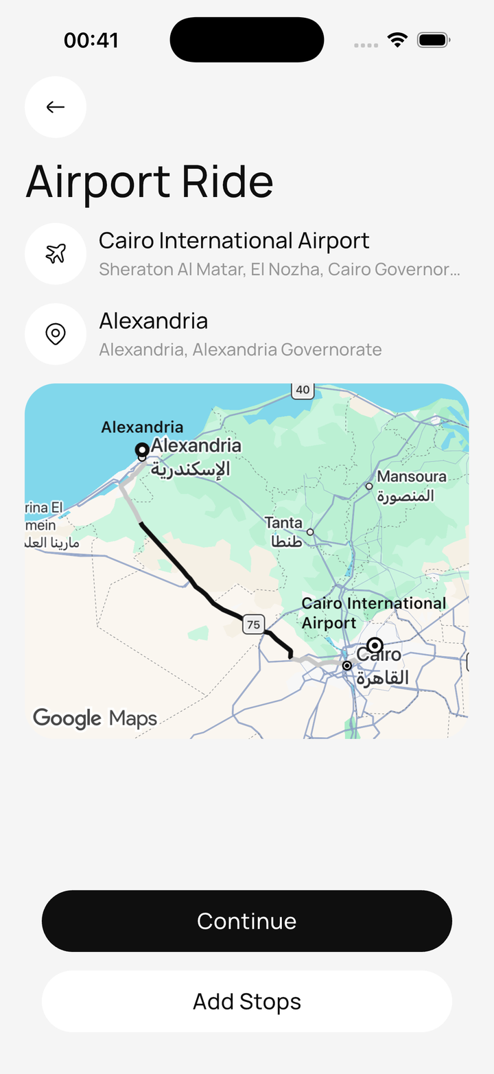La Limo app showing a Cairo airport ride on the live map
