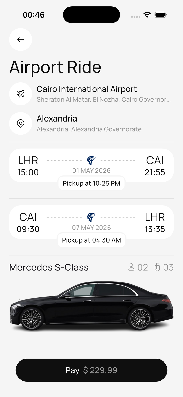 La Limo app showing luxury vehicle selection with a professional chauffeur