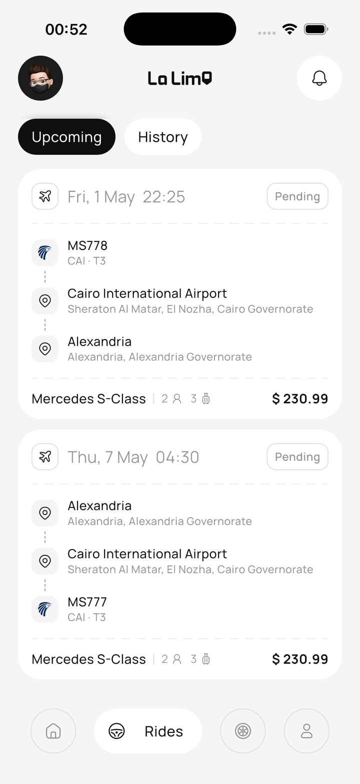 La Limo app showing upcoming chauffeur rides and trip history